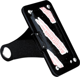 Accutronix black XL side mount license plate holder for motorcycles, featuring sturdy metal construction and sleek design.