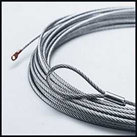 Warn 4.0ci wire rope winch cable, 7/32 inch diameter, 55 feet long, shown coiled with metal fittings and protective coating.