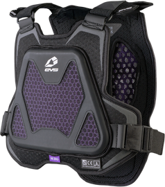 EVS Evo youth chest protector in black with Rezro padding, designed for impact protection during sports activities.