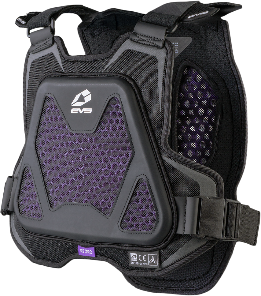 EVS Evo Youth Chest Protector with Rezro black padding, featuring adjustable straps and protective foam for youth sports safety.