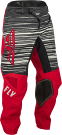 Fly Racing Youth Kinetic Wave Pants in red and grey, size 24, featuring durable fabric and sporty design for young riders.