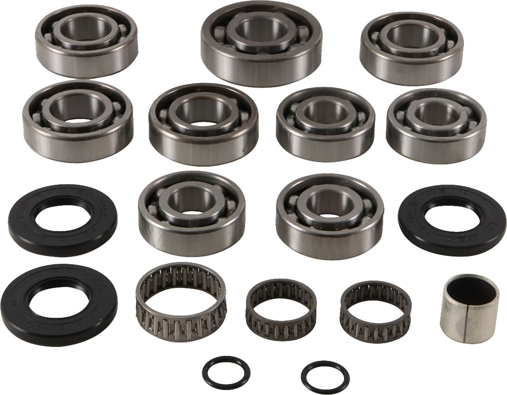All Balls transmission bearing and seal kit 229-1024 with various bearings and seals laid out for motorcycle or vehicle repair.