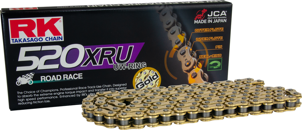 Excel Wheel components Gb520xru gold drive chain with 520 x 124 links for bicycles or machinery, showcasing the chain's detailed links.