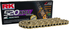 Load image into Gallery viewer, Excel Wheel components Gb520xru gold drive chain with 520 x 124 links for bicycles or machinery, showcasing the chain's detailed links.