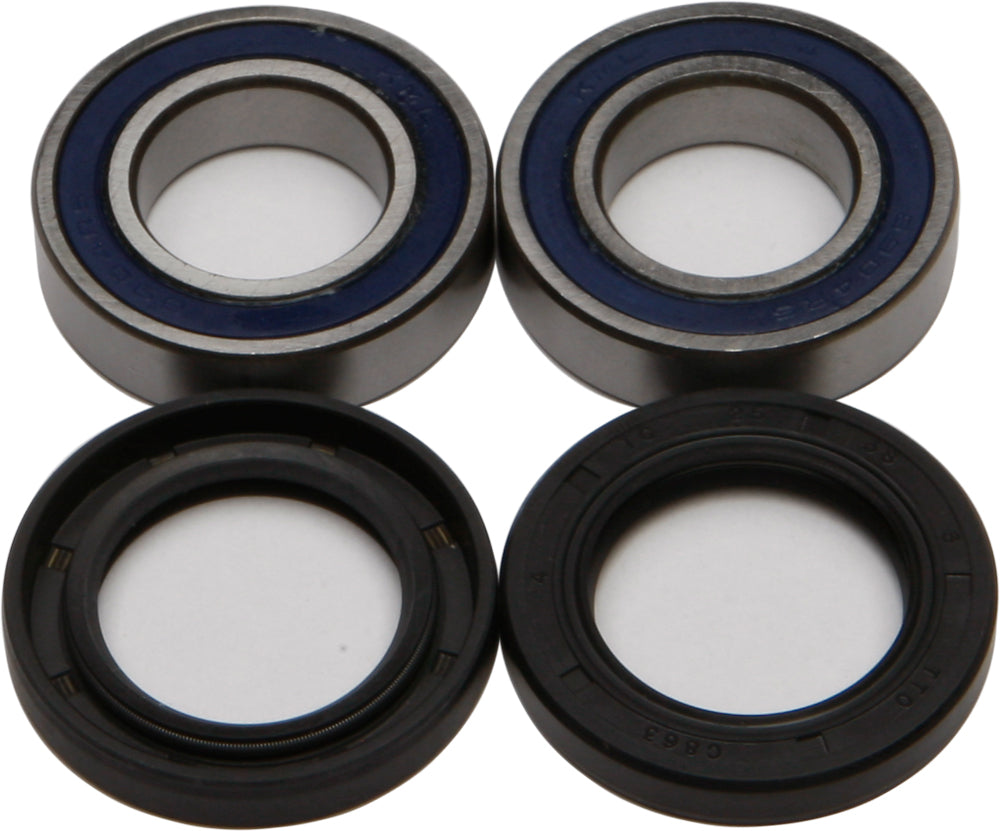 All Balls front wheel bearing and seal kit, showing metal bearings and rubber seals for motorcycle or ATV wheel assembly.