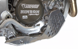 Enduro Engineering Triumph 450 skid plate guard, durable metal protection for motorcycle undercarriage, shown mounted on bike.