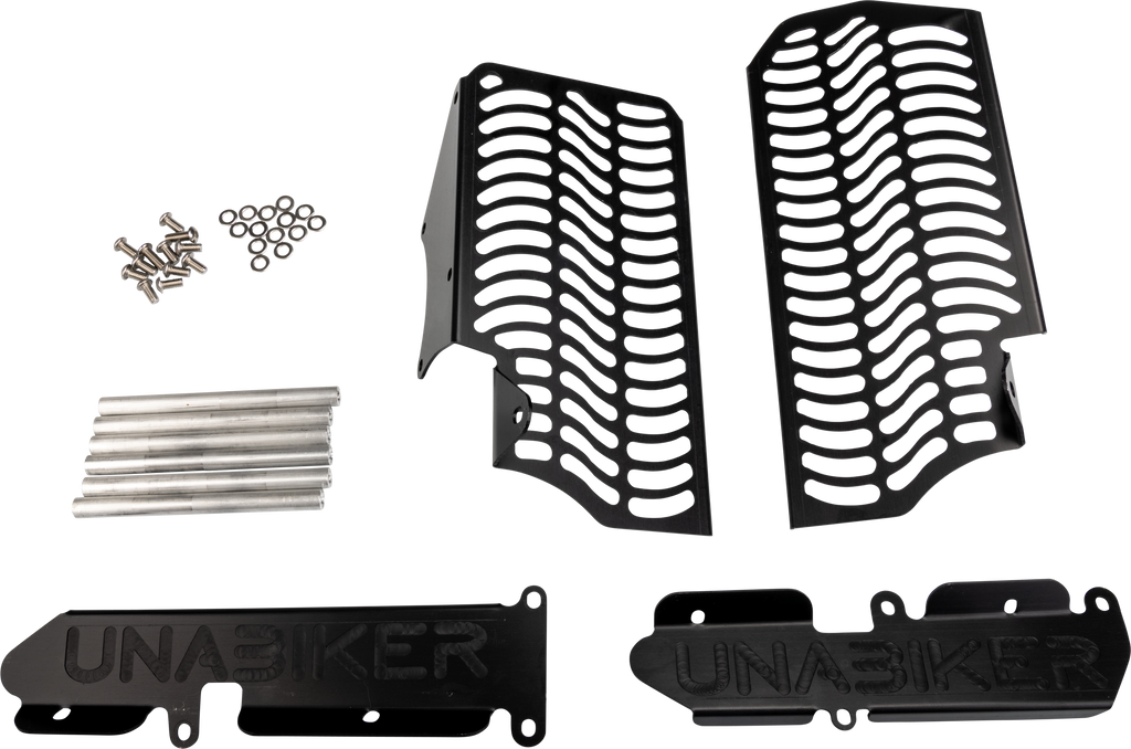 Black Unabiker Radiator Guard 668-5021 for motorcycle, featuring durable metal mesh design to protect the radiator.