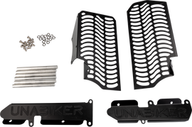 Black Unabiker Radiator Guard 668-5021 for motorcycle, featuring durable metal mesh design to protect the radiator.