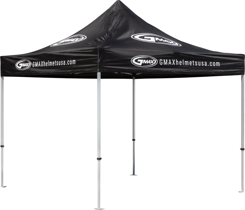 Black 10x10 aluminum canopy with GMAX top, sturdy frame, ideal for outdoor shade and protection in commercial or recreational spaces.