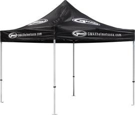 Black 10x10 aluminum canopy with GMAX top, sturdy frame, ideal for outdoor shade and protection in commercial or recreational spaces.