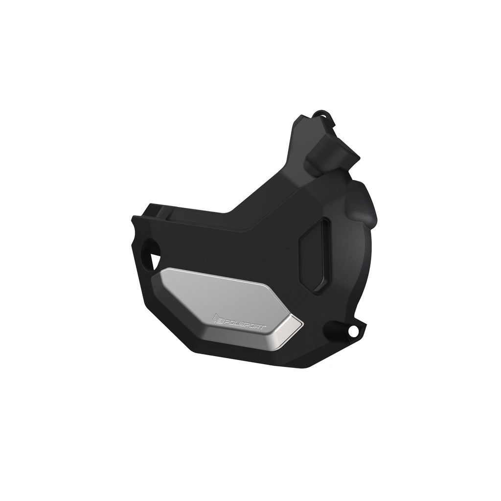 Polisport Plastics left side alternator cover protector for motorcycle, durable safety plastic part with brand logo.