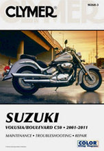 Load image into Gallery viewer, Clymer Suz Volusia C50 repair manual, showing detailed motorcycle maintenance instructions and diagrams on the open pages.