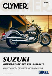 Clymer repair manual for Suzuki Volusia C50 motorcycle, showing pages with technical diagrams and maintenance instructions.