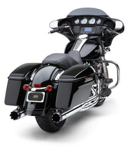 Load image into Gallery viewer, COBRA 4-inch dual cut tip slip-on chrome exhaust for Harley FLH and FLT models, shiny chrome finish, visible dual exhaust tips.