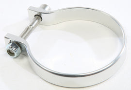 Silver AXIA ALLOY 2.625-inch strap clamp with bolt and nut, used for securing pipes or cables in industrial or electrical applications.