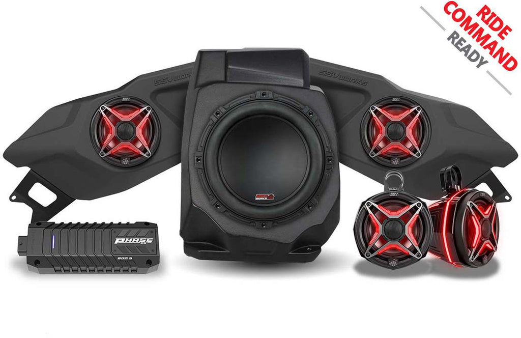 SSV Works 5 speaker kit with phase equalizer for Ride Command, featuring black speakers and wiring for off-road vehicle audio system.