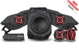 SSV Works 5 speaker kit with phase EQ for Ride Command, installed on vehicle dashboard, featuring rugged off-road audio setup.