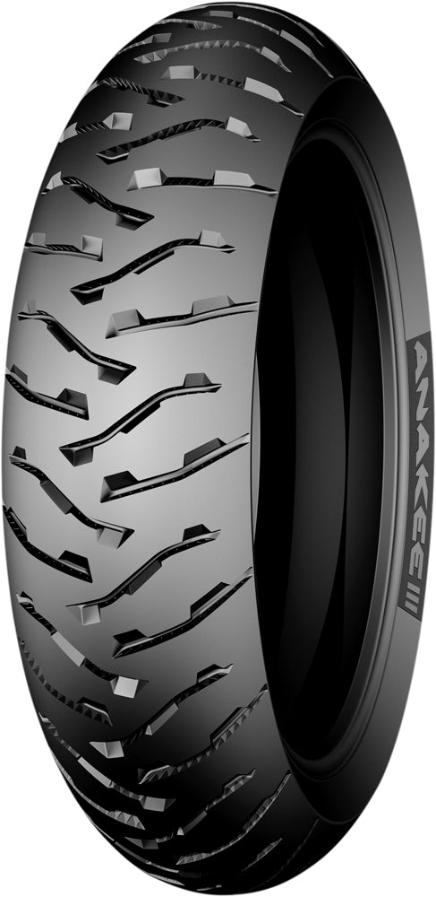 Michelin Anakee 3 tire 150/70R17H mounted on a motorcycle wheel, showcasing the tread pattern and sidewall details.
