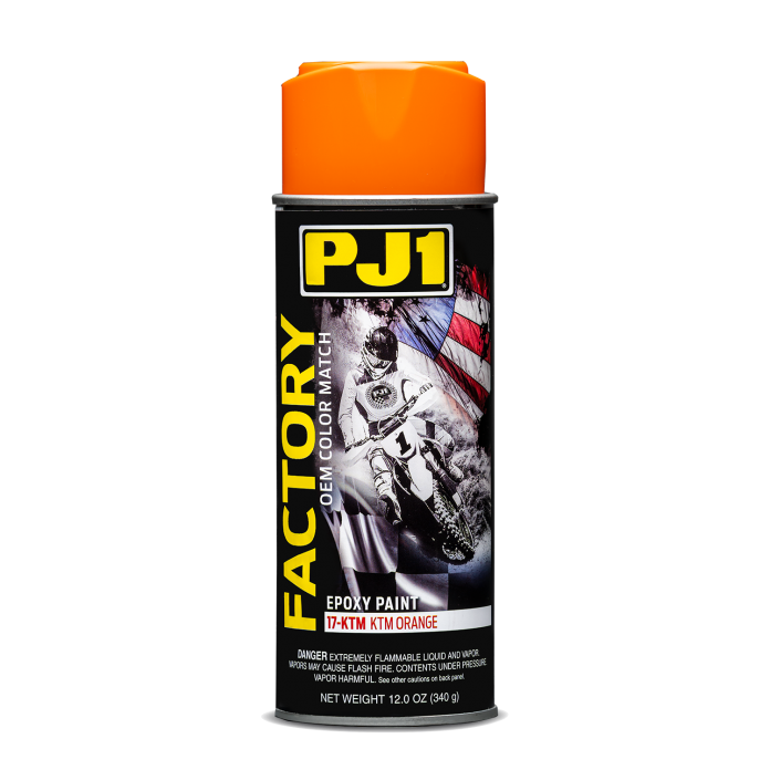 PJ1 Products epoxy paint in KTM orange for pre-2019 motorcycles, with primer 57-10181, showing a smooth orange coating.