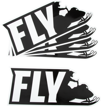 Load image into Gallery viewer, Fly Racing Fly Snow 2021 sticker pack with five 15-inch rider stickers, featuring bold graphics and the Fly Racing logo.