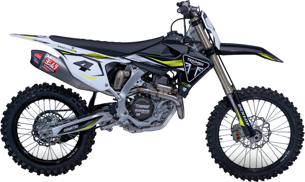 Yoshimura RS-12 exhaust system for Triumph TF450 motorcycle, showing the sleek metal muffler and mounting components.