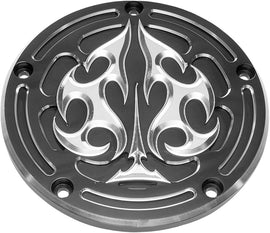 Precision Billet Derby Cover Ace'S Wild Black for Drive, made by Precision Billet, featuring a detailed black finish and intricate design.