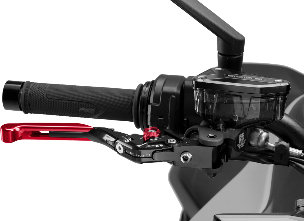 Red PUIG Brake Lever 4.0 Fold/Extend for motorcycles, showcasing the sleek, ergonomic design and adjustable fold feature.