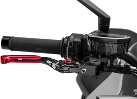 Red PUIG Brake Lever 4.0 Fold/Extend for motorcycles, showcasing the sleek, ergonomic design and adjustable fold feature.
