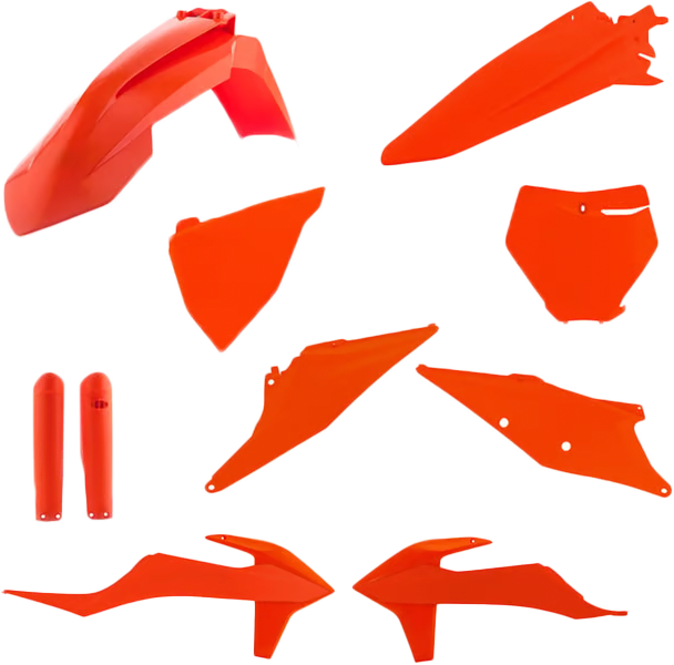 Acerbis KTM orange full plastic body kit for motorcycle, including front and rear panels, with visible Acerbis branding and mounting points.