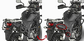 GIVI side case hardware mount brackets for motorcycle luggage, shown in black metal with mounting points.