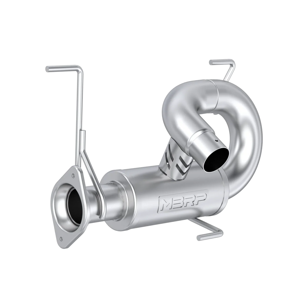 MBRP Exhaust single slip-on system with chrome finish and 5-inch performance muffler, designed for enhanced motorcycle exhaust flow.