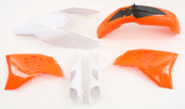 Acerbis orange plastic body kit for motorcycle, featuring various panels and components on a white background.