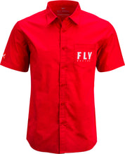 Load image into Gallery viewer, Fly Racing Fly Pit Shirt in red, size medium, shown on a mannequin, featuring a casual fit and lightweight fabric.