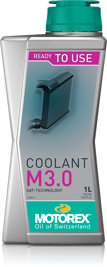 Motorex Coolant M3.0 Ready To Use 1L bottle, automotive chemical product for engine cooling, shown in the image.