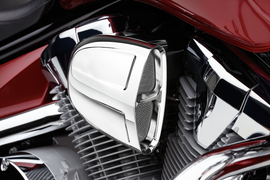 Chrome Cobra Powrflo intake system for Yamaha V-Star 950 motorcycle, showcasing the polished fuel and carburetor components.