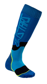 Alpine Star MX Plus-2 Socks in blue and cyan, small size, featuring cushioned design and branded logo details.