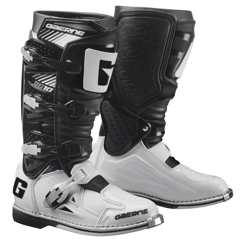 GAERNE SG10 black and white riding boots in size 13, showcasing sleek design and sturdy footwear construction.