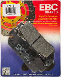 EBC Motorcycle Brakes FA672 organic brake pads showing black friction material with metal backing plates for motorcycle braking system.