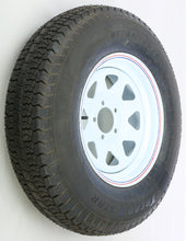 Load image into Gallery viewer, AWC trailer tire and wheel assembly with white finish, featuring a sturdy steel rim and durable rubber tire for trailer use
