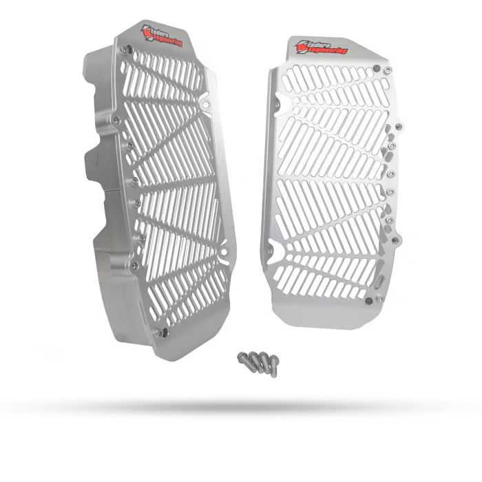Enduro Engineering billet radiator guard for Triumph motorcycles, providing protection with durable metal braces.
