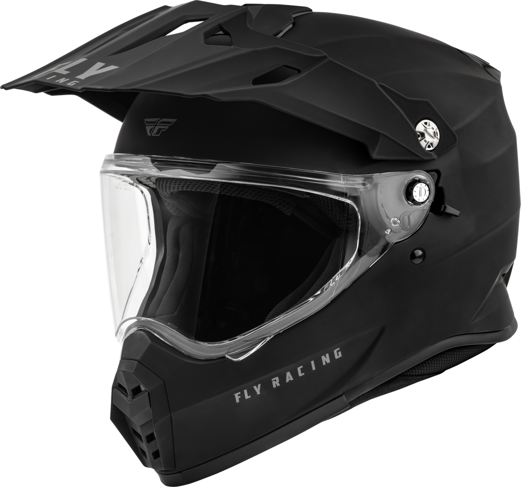 Fly Racing Trekker Solid Helmet in matte black, XS size, showcasing its sleek design and secure fit.