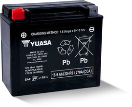 Yuasa YTX20 sealed motorcycle battery with factory activation, showing the compact, black battery with positive and negative terminals.