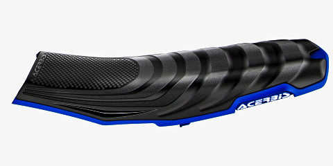 Acerbis X-Seat off-road motorcycle seat in black and blue with textured grip surface and mounting points for off-road riding.