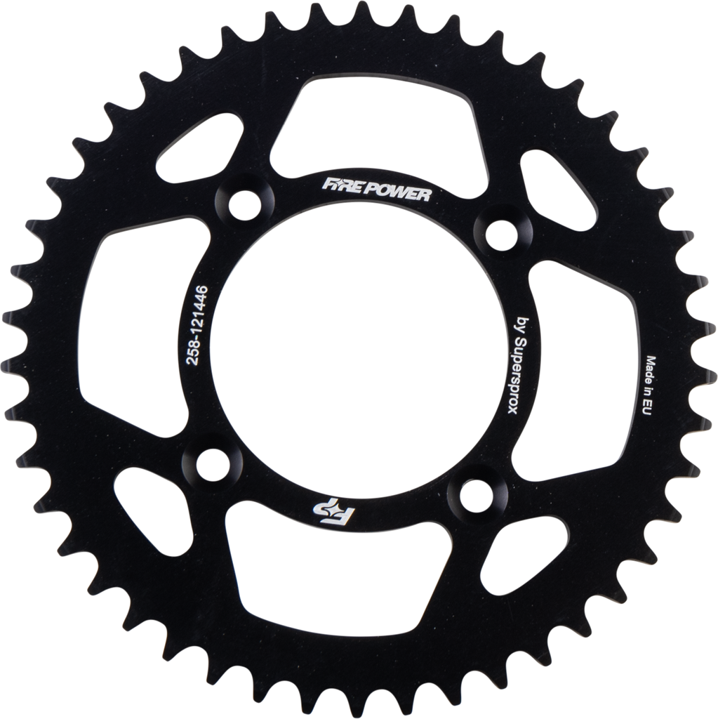 Fire Power 46-tooth aluminum rear sprocket in black, designed for bicycles, showcasing the gear teeth and sleek finish.