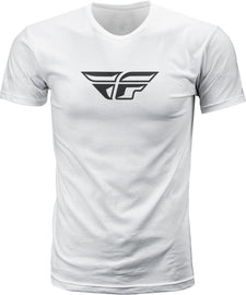White Fly Racing Fly F-Wing Tee in size Small, featuring the brand logo on the front, laid flat to show the design and fabric texture.