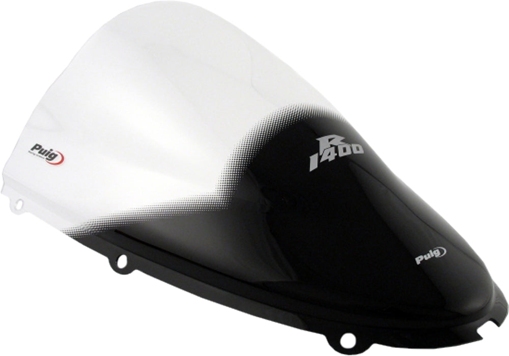 Clear PUIG racing windscreen for motorcycle, showing the transparent, aerodynamic windshield with mounting edges.
