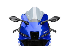 PUIG Z-Racing Smoke Windscreen for Yamaha motorcycle showing the tinted, aerodynamic windshield with mounting edges.