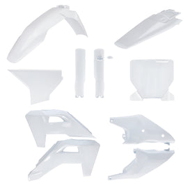 Acerbis full white plastic body kit for Husqvarna motorcycle, includes fenders and side panels with Acerbis branding.