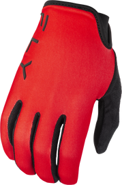 Fly Racing Youth Radium Gloves in red and yellow, featuring padded palms and adjustable wrist straps for motocross riding.