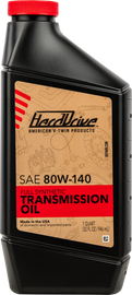 HardDrive Syn Transmission Oil 80w140 quart bottle, part of a 12-pack case, used for vehicle transmission lubrication.